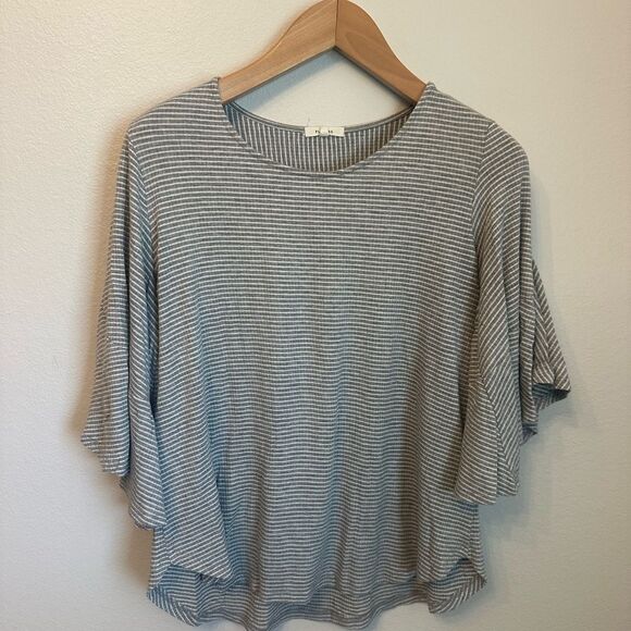 Pleione Tops - Pleione Gray and White Striped Flutter Sleeve Top